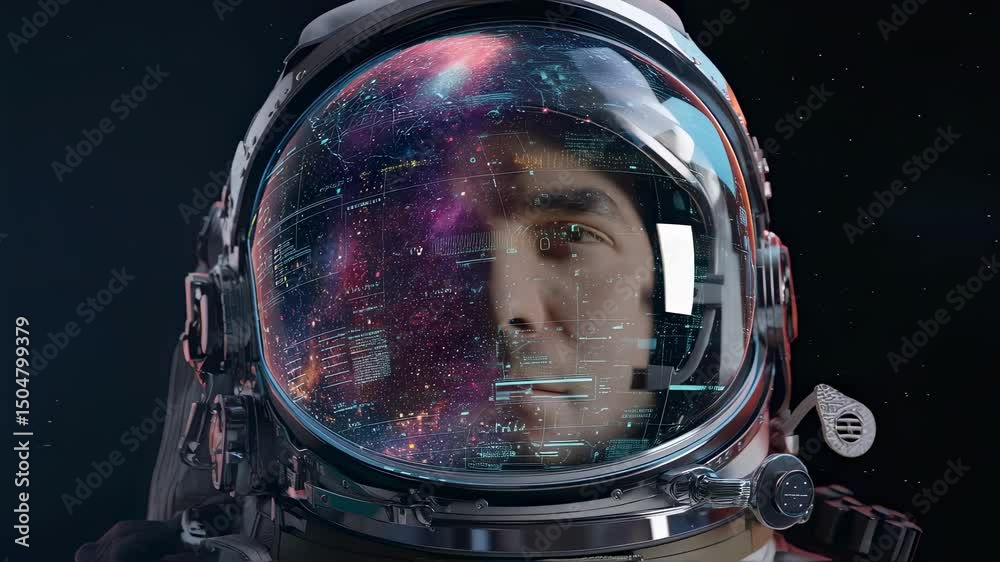 Wall mural close up of astronaut's face reflected in spacesuit helmet visor, showing nebula and holographic dat