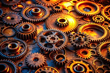 Rusty Gears Night Photography, Orange Light, Mechanical Details