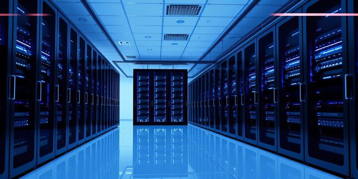 Sleek minimalist data center; blue-lit server racks, high-tech storage, technology background, data security - Powered by Adobe
