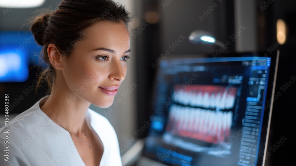 Aufkleber a woman is looking at a computer screen with a picture of teeth on it