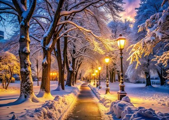 Snowy Winter Park Pathway with Street Light
