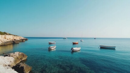 Serene coastal scene with boats resting on the turquoise waters of a tranquil bay