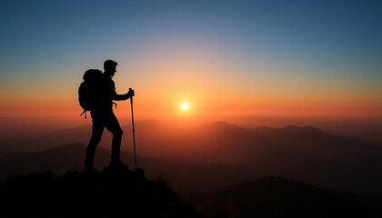 Silhouette of hiker with backpack and poles on ridge at sunset,  hiker,  nature
