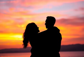 Silhouette of embracing couple against vibrant sunset sky,   golden hour love,  black