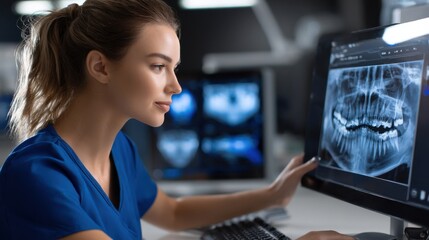 A woman is looking at a computer screen with a dental x-ray on it