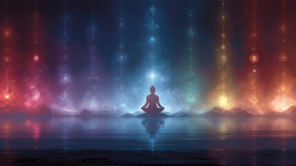 Seven chakras of the human body, Seven Chakras Aligned on Meditating Human Figure with Energy Light Effects, seven chakras, chakra alignment, yoga silhouette