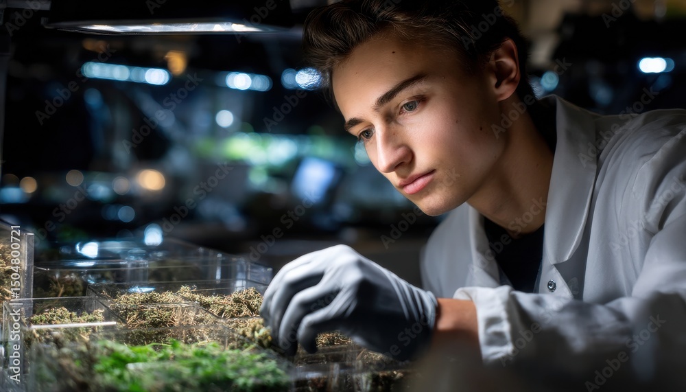 Poster a man in a lab coat is looking at plants in a lab