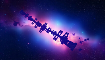 Naklejka premium Pixelated Space Station Silhouette Against Vibrant Nebula Of Blue Purple And Pink Tones