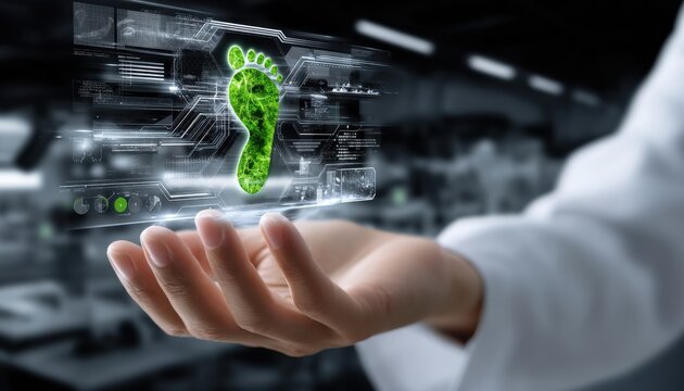 A hand holding a digital image of a foot with green leaves