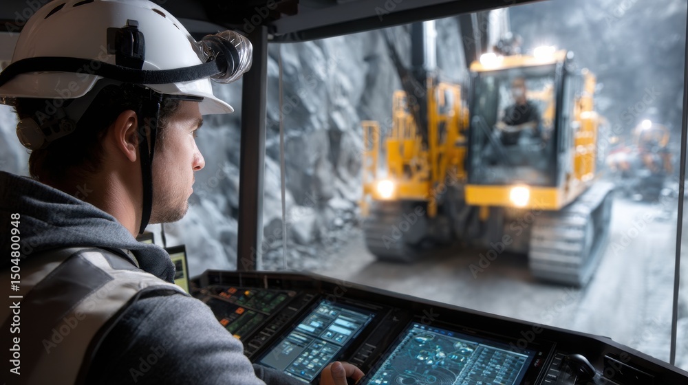 Poster A man in a helmet is operating a machine in a tunnel