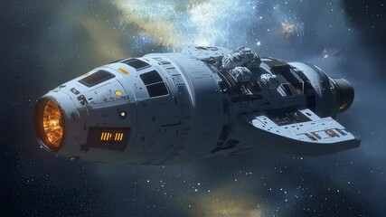 Futuristic spaceship floating in deep space with glowing engines, navigating through a breathtaking cosmic scenery near the milky way galaxy - Powered by Adobe