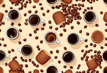 Obraz premium Seamless vector pattern of brown coffee cups on beige background, graphics, hot