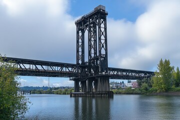 Naklejka premium Engineering marvel ironclad bridge spanning serene river in urban landscape gigapixel standard captivating view of stunning architectural design