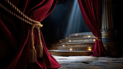 A red curtain with gold trim hangs over a stage