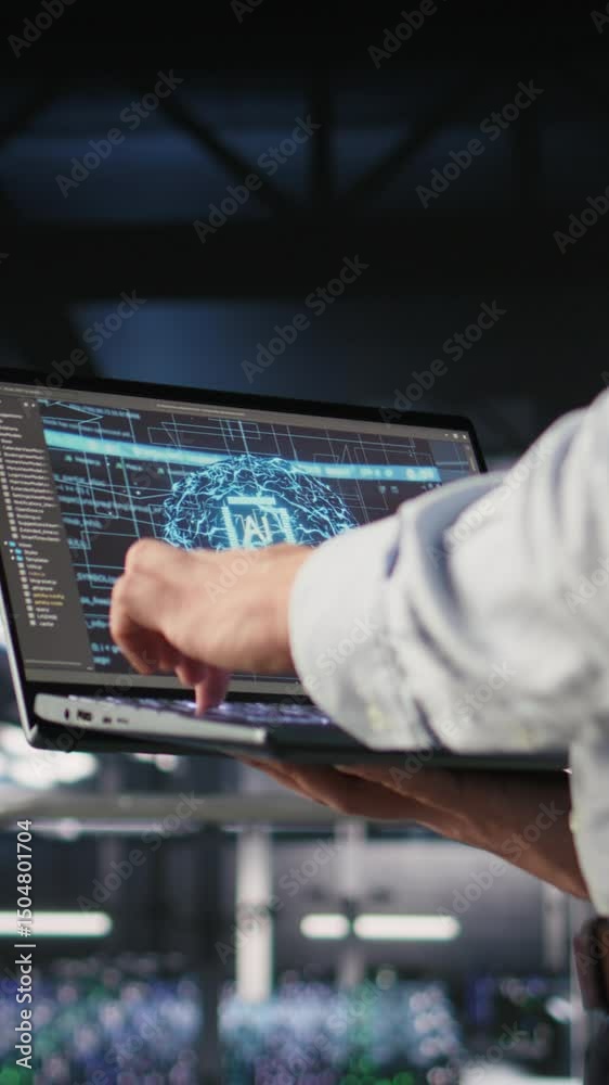 Poster vertical video close up of it specialist in server room doing ai deep learning automatization. data 