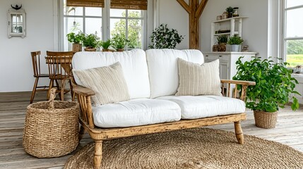 Light-colored sofa and accessories in a bright, airy room.