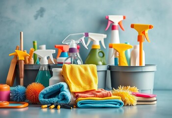 Professional cleaning equipment and supplies neatly arranged for a cleaning service,  mop,   cleaning team
