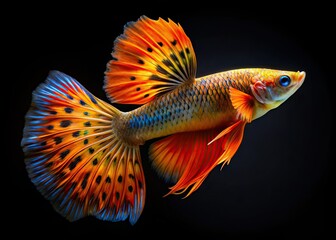Fototapeta premium Vintage Guppy Fish, Orange, Vibrant Fins, Retro Photography