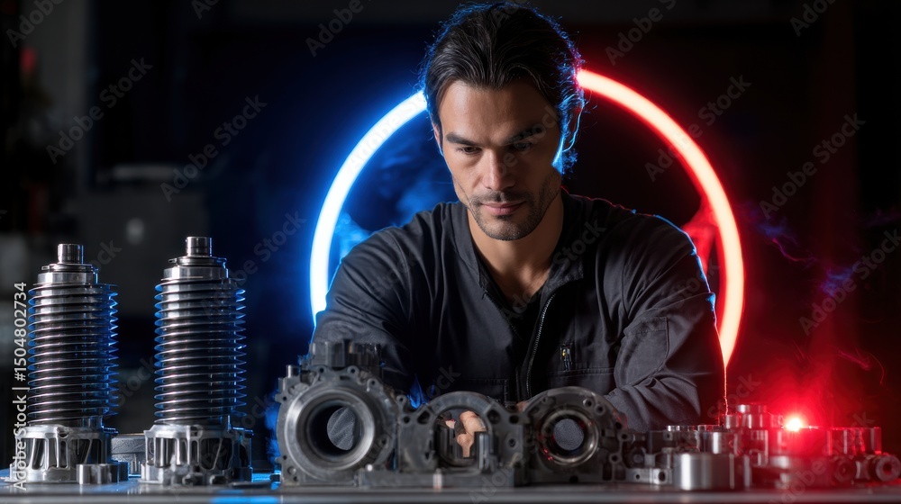 Aufkleber A man is working on a machine with a red and blue background