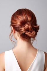 Naklejka premium A woman with red hair has her hair in a bun