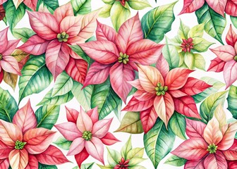 Watercolor Poinsettia Panoramic Background, Hand Drawn Style, Festive