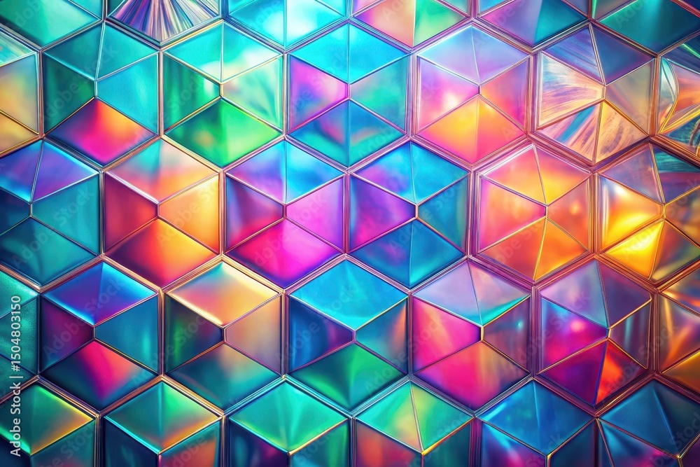 Wall mural abstract iridescent hexagonal pattern of shimmering cubes with vibrant hues