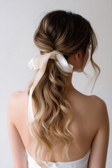 Obraz premium A woman with long brown hair is wearing a white ribbon in her hair