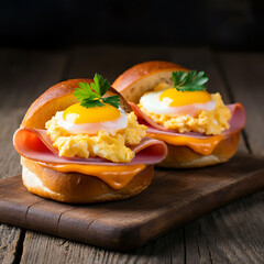 scrambled Eggs and egg yolk  on a bread Roll with Cheese and Turkey Ham