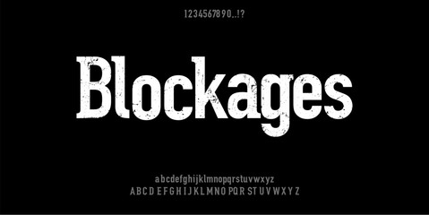 Blockages font Alphabet Bold Grunge Font. Rustic Font. Distressed Font. Rough Font. Uppercase. Number . For Fashion Brand Sport Film Movie Design .Vector illustration. Military style rust 