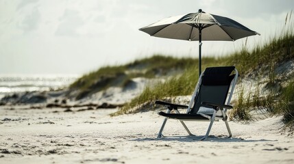 Beach chair and umbrella on sandy shore