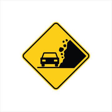 Warning sign illustrating potential rockfall hazard along a roadway for automotive safety