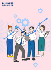 여러명이 한팀이 되어 성과를 내기위해 분석하고있는 비즈니스 이미지(벡터)
