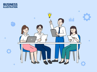 4명이 테이블에 앉아 회의를 하고있는 비즈니스 이미지(벡터)