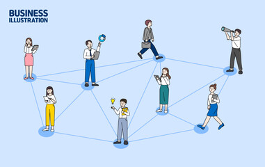 여러 사람들이  각자의 위치에서 네트워크로 연결되어 소통하고 있는 비즈니스 이미지(벡터)