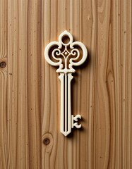 Vintage decorative key on rustic wooden background.