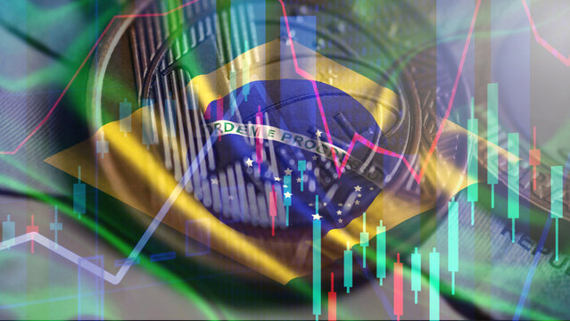 Financial and investment charts in the bond and stock markets. Portfolio management, long-term wealth management with the concept of risk diversification. In the background, Brazilian currency (Real)