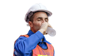 Worker man in hard hat drinking water, Construction Worker Drinking Water from Bottle
