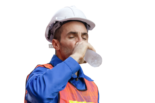 Worker man in hard hat drinking water, Construction Worker Drinking Water from Bottle