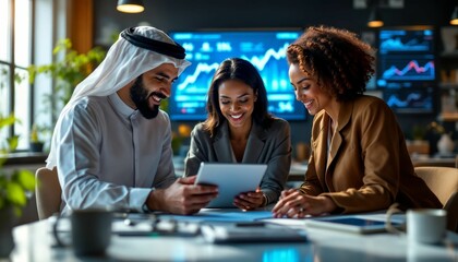 Diverse business team collaborating on digital strategy in a modern office space
