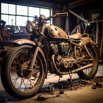 A recycled sculpture of a vintage motorcycle built from junkyard materials&mdash;metal tubing, broken dials, rubber scraps, and frayed wires. Focus on mechanical complexity and handcrafted imperfection.