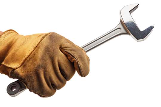 Worker's Gloved Hand Holding a Wrench on Transparent Background