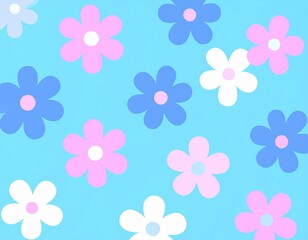 青い背景にカラフルでレトロな花