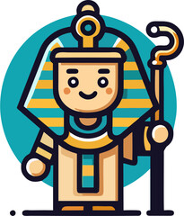 Cute Pharaoh Cartoon Mascot with Staff – Flat Vector Illustration of Ancient Egyptian Character for Kids and Educational Use