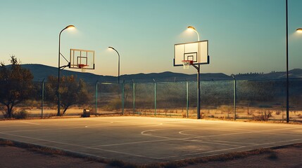 Basketball court with hoops outdoors at sunset