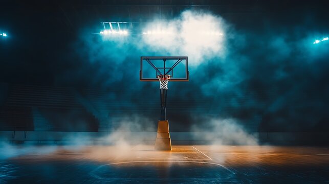 Basketball hoop illuminated in dramatic arena setting - Powered by Adobe