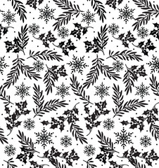 Seamless Pattern of Black and White  Christmas Foliage and Snowflakes- Christmas Black and White Vector Design