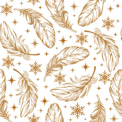 Seamless Pattern of Golden Feathers with Snowflakes- Christmas Feather Vector llustration