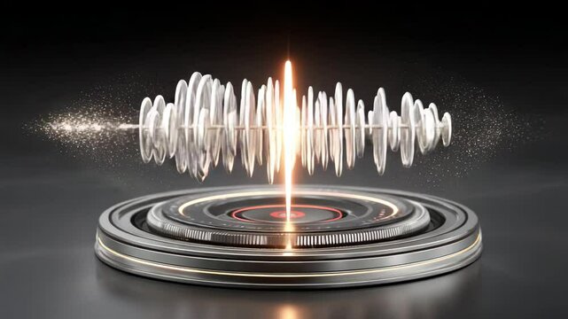 Glowing audio waveform reacting in rhythm with floating digital particles stock video