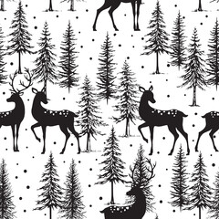 Christmas Reindeer and Pine tree Seamless Pattern with Snowy Scene, Black and White Print- Christmas Reindeer and Pine tree Vector Illustration