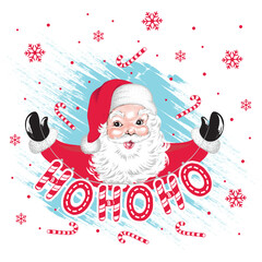 Christmas Vintage Fun Santa Claus holding a Hohoho Banner with Candy Cane and Snowflakes- Isolated Christmas Santa Claus Illustration